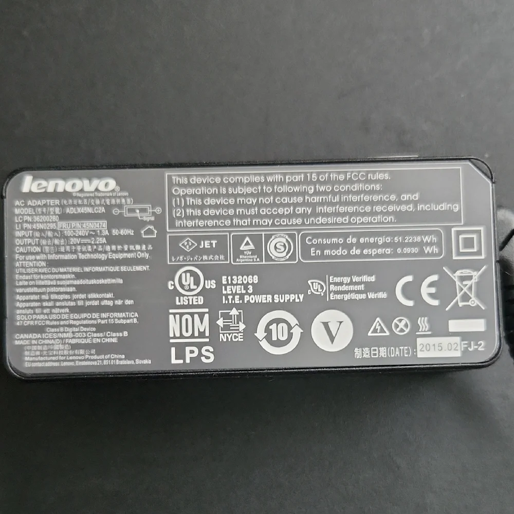 Original Lenovo ThinkPad 45W AC Power Adapter (Model ADLX45NLC2A)